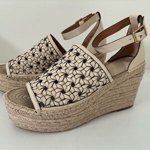 Tory Burch Black and Cream Espadrille Wedges